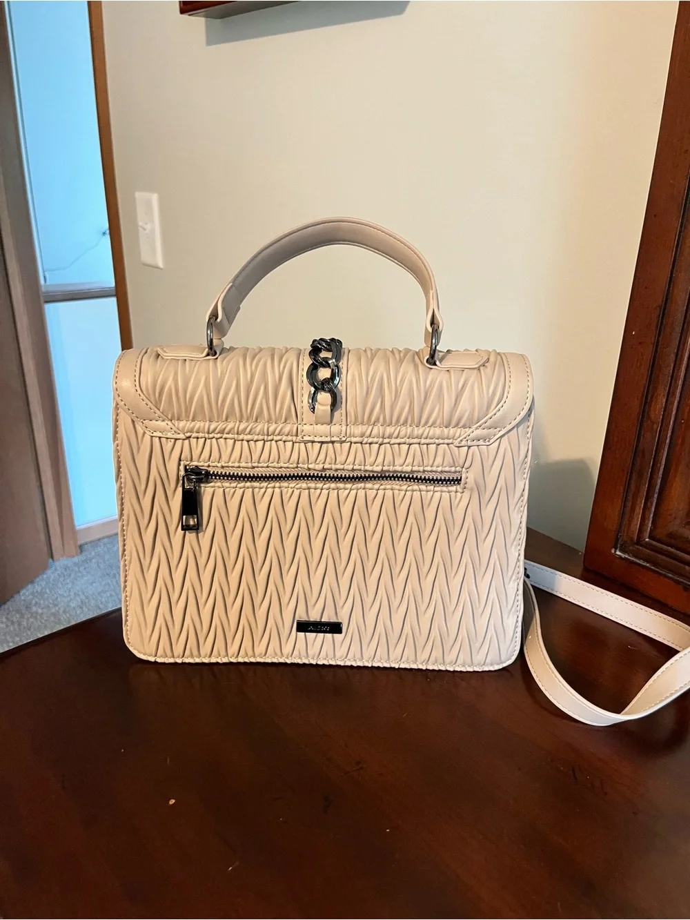 Aldo Cream Quilted Top-Handle Satchel with Chain Strap